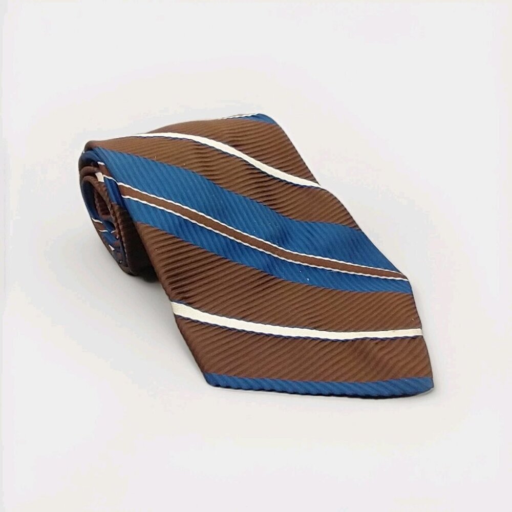 VTG Sears Mens Store Tie 100% Polyester Brown Navy Repp Stripe 54"x4" USA